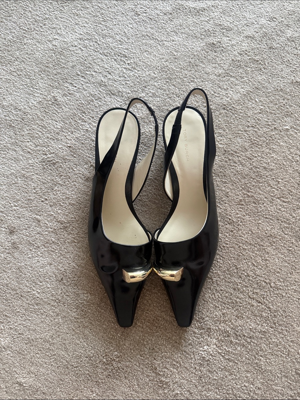 Tory Burch Black Patent Slingback Pointed Heels pierced